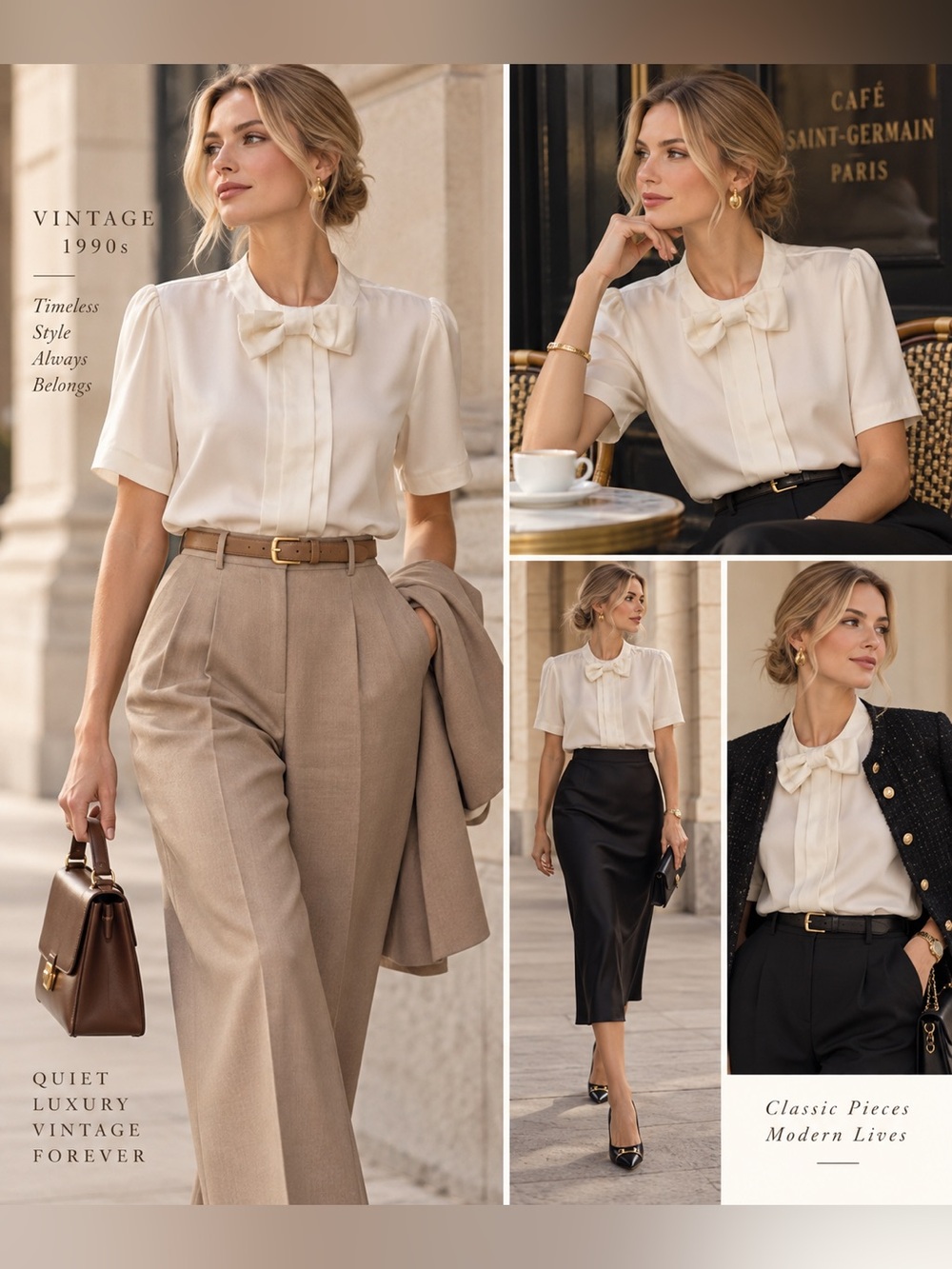 Vintage Elite 90’s Cream Bow-Neck Short-Sleeve Blouse for Women
